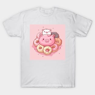 Kawaii Donut Pig Pink Design T-Shirt